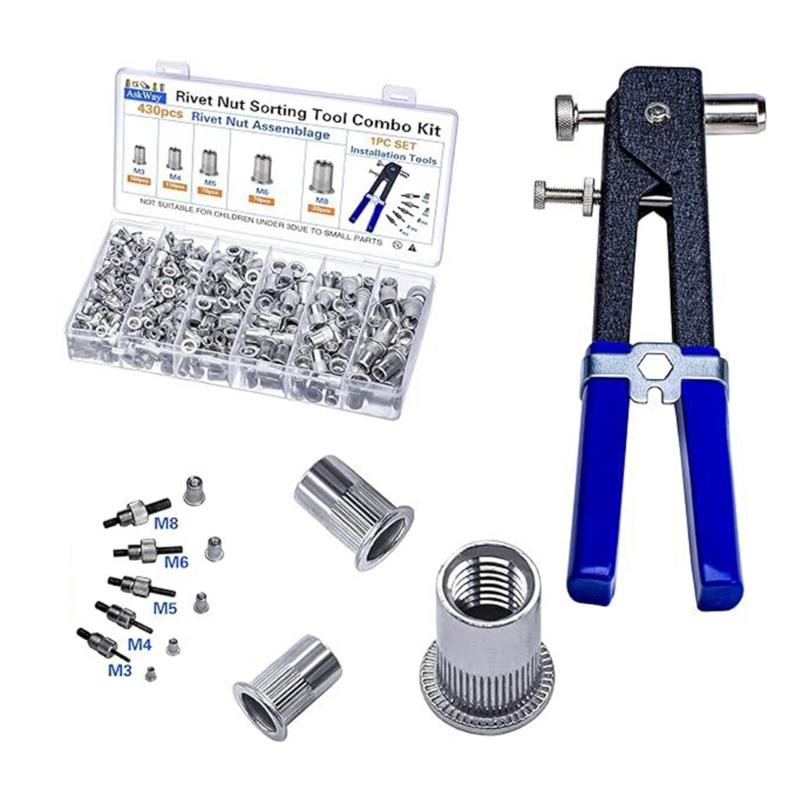 430Pcs 3/4/5/6/8mm Pressure Rivet Nut Tool Kits Flat Head Threaded Rivet Nut Assortment with Rivet Nut Installer