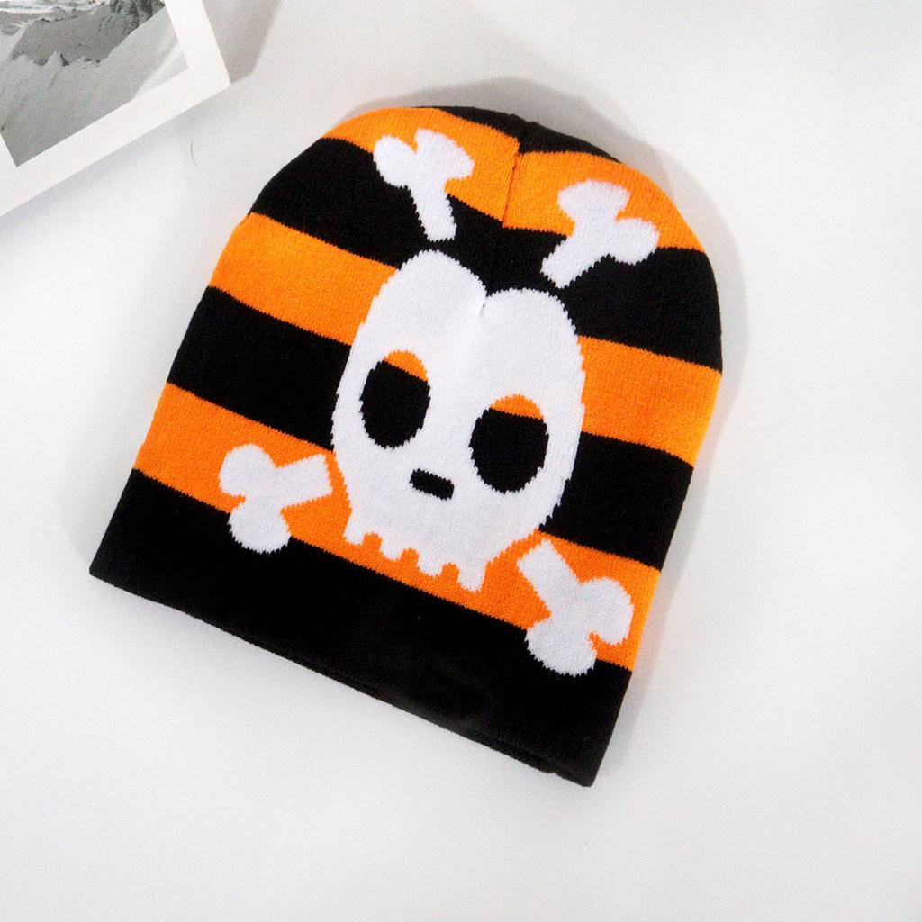 Fashion Color Blocked Striped Skull Pattern Neutral Casual Warm Knitted Hat For Streetwear And Hiphop Fans