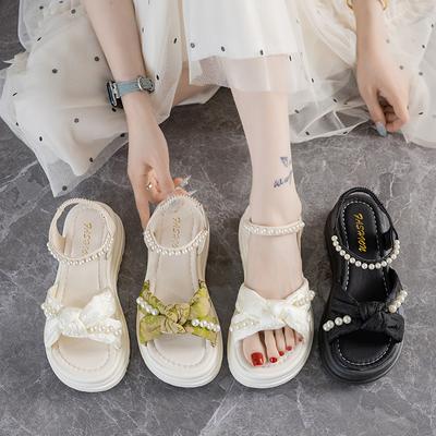 Platform Sandals Women 2025 New Fashion Temperament Comfortable Pearl Bow Internet Celebrity with Skirt Fairy Trendy Shoes