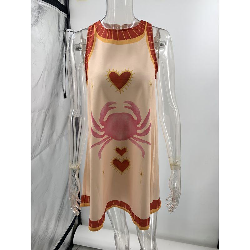 

2025 Summer New European and American Fashion Print Linen Sleeveless Mini Short dress Dress Women Loose Dress Crab XL