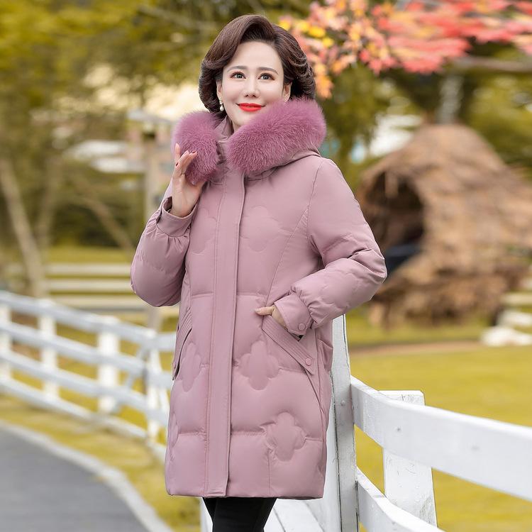 New Down Jacket Mother Women's Clothing for Middle-aged and Elderly Winter Medium-length Thickened Fox Fur Collar White Duck Down Jacket