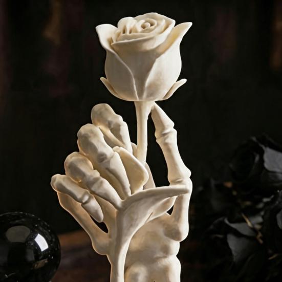 Skeleton Hand Holding Rose Ornament, 3D Printed Gothic Dark Aesthetic Niche Decor, Stable Base Compact Figurine for Home Desk Bookshelf