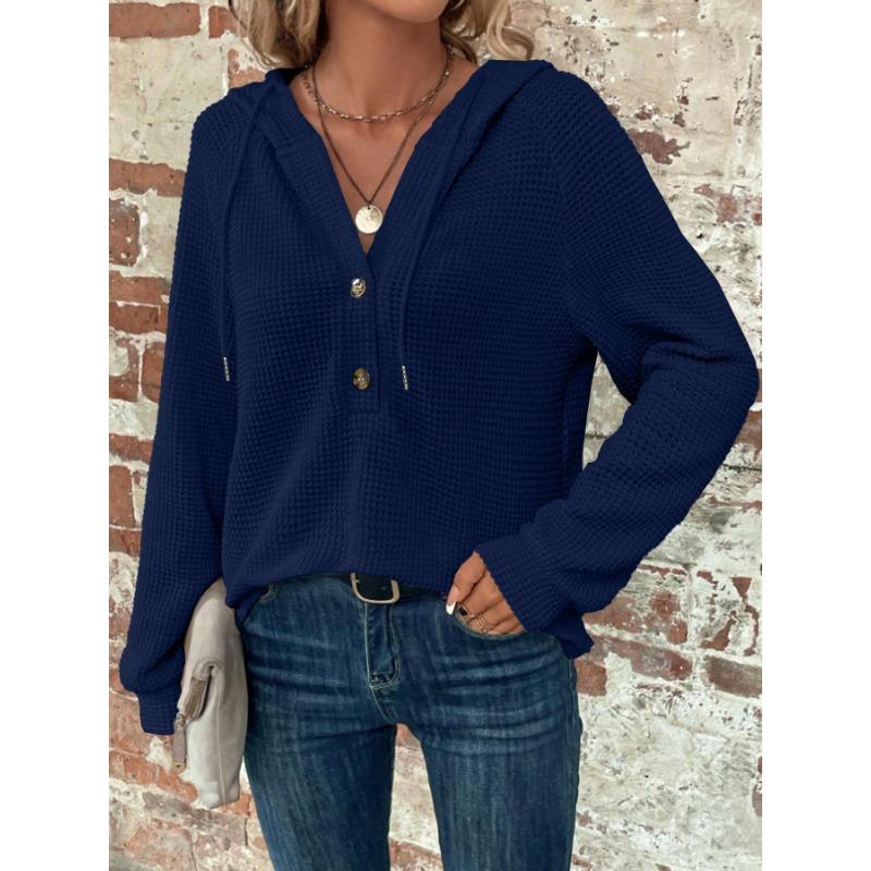 Autumn Solid Color Hooded Button Loose Long Sleeve Sweatshirt