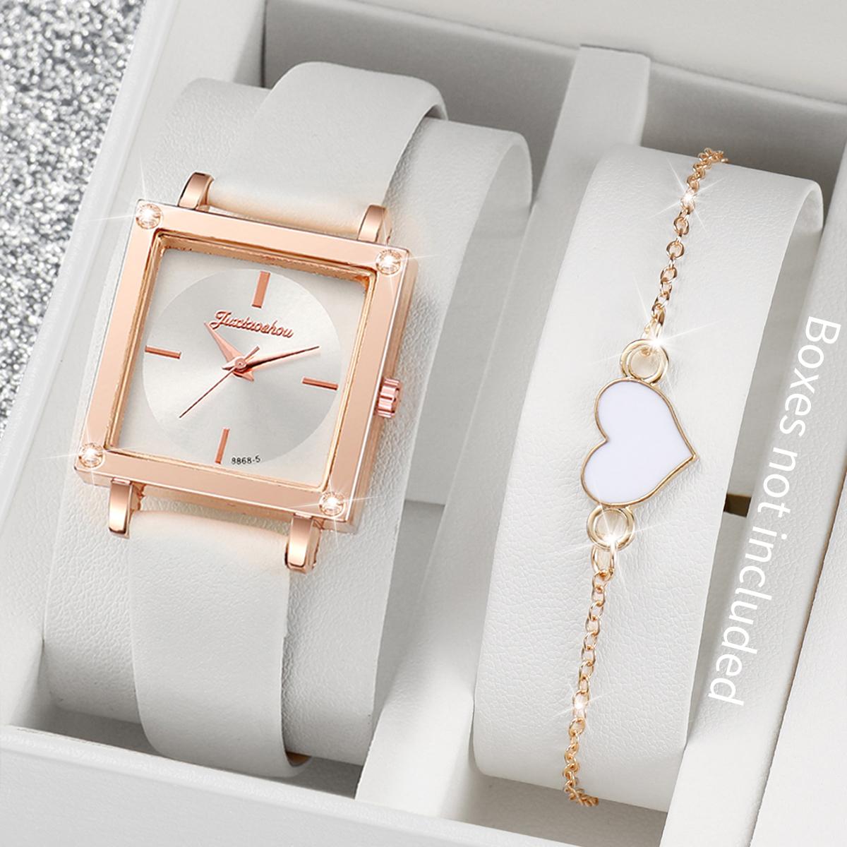 

2 шт./набор Женские кожаные часы с кварцевым механизмом, циферблатом цвета аква и браслетом в форме сердца