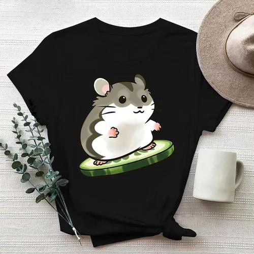 Cartoon Cute Hamster Cartoon Cute Hamster Baby Round Neck Big Size Round Neck Black T-shirt Woman Tops