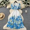 Summer V-neck Short Sleeve Hollow Out Slimming Midi Dresses Women Elegant Floral Print Lace Splice Mid Dress