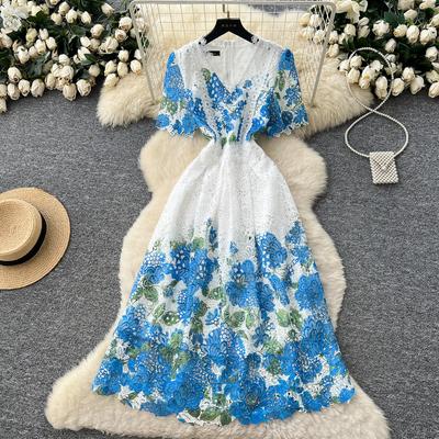 Sommer V-Ausschnitt Kurzarm Ausgeschnitten Schlankmachendes Midi-Kleid Damen Elegant Floralprint Spitze Patchwork Midikleid