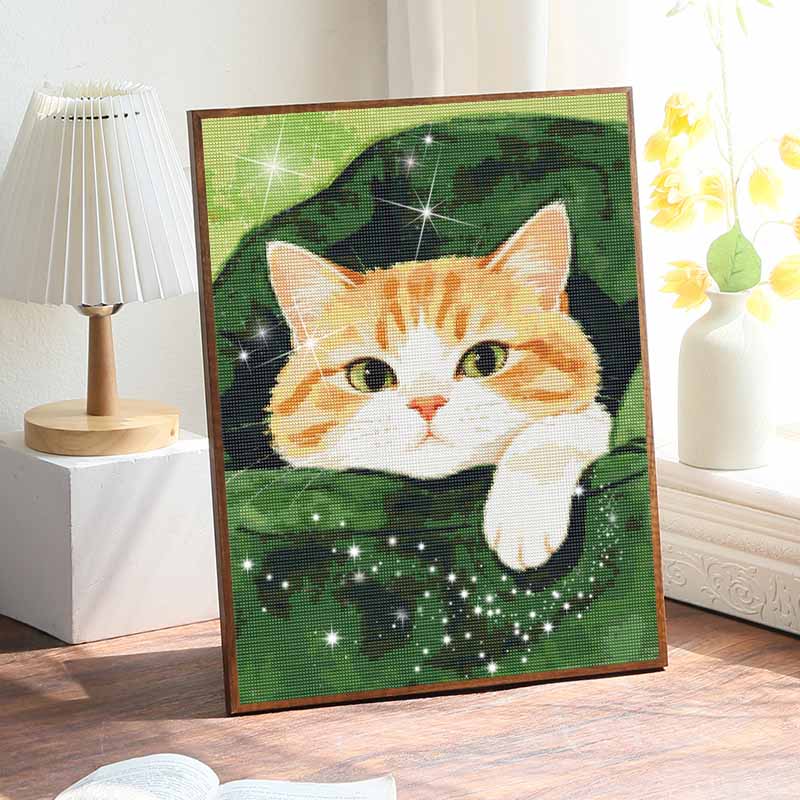 DIY Full Drill Diamond Painting Kit Cute Cat In Green Leaf Rhinestone Canvas Art for Cozy Room Decor Gift
