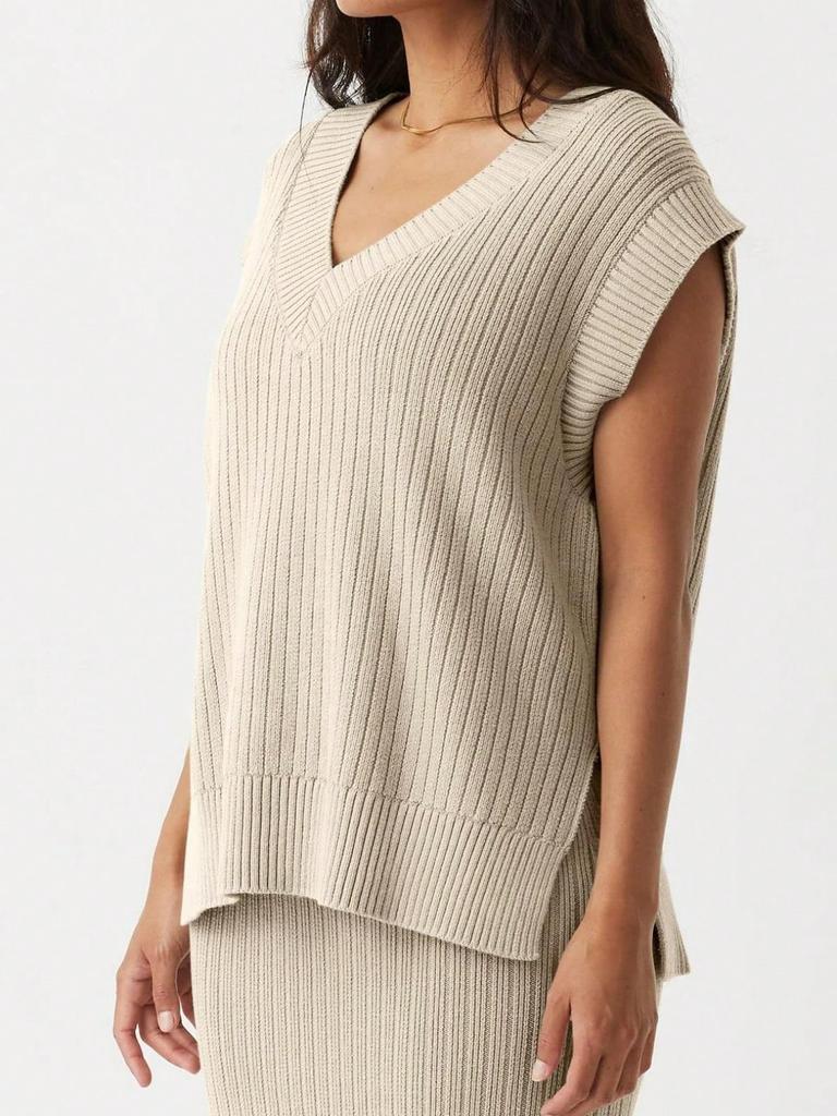 Women's Oversized V Neck Sweater Vest Sleeveless Ribbed Knit Loose Fit Top