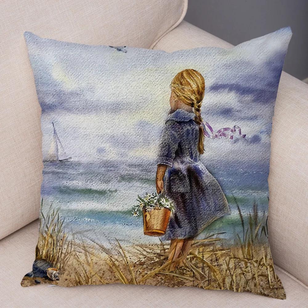 Cute Cartoon Children Cushion Cover Decor Harajuku Oil Painting Lady Pillowcase for Sofa Home Soft Plush Throw Pillow Case