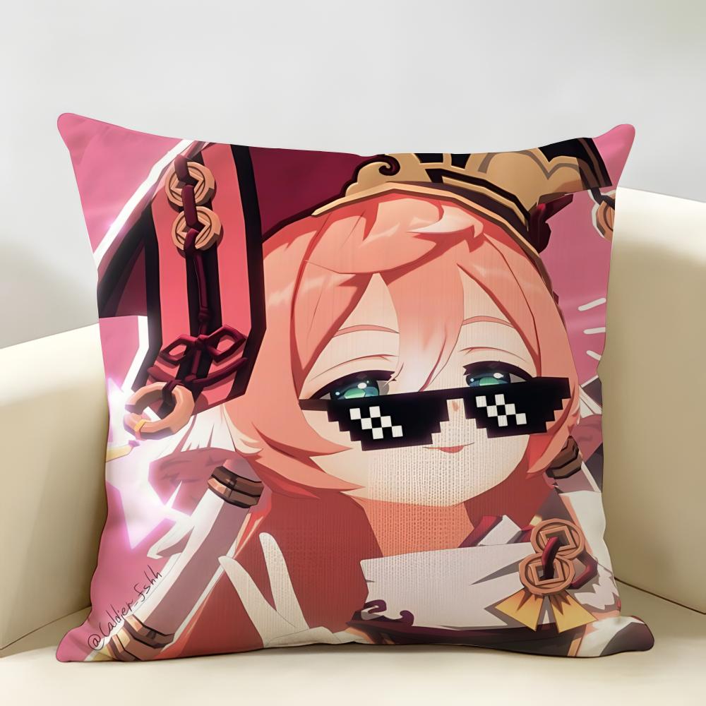 Yanfei Cute Genshin Impact Cushion Cover Natural Linen Organic Fabric DoubleSided Printing Room Sofa Decor Pillow Case