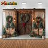 Mocsicka Christmas Wood Door Background Photography Room Wreath Tree Wall Backdrop Shooting Props Party Decoration Studio Banner