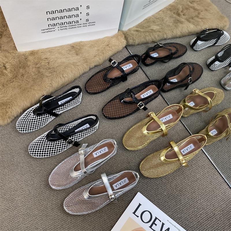 Round head hollow one-word buckle single shoes women's 2025 spring new ins fashion sparkling flat Mary Jane shoes fishing net