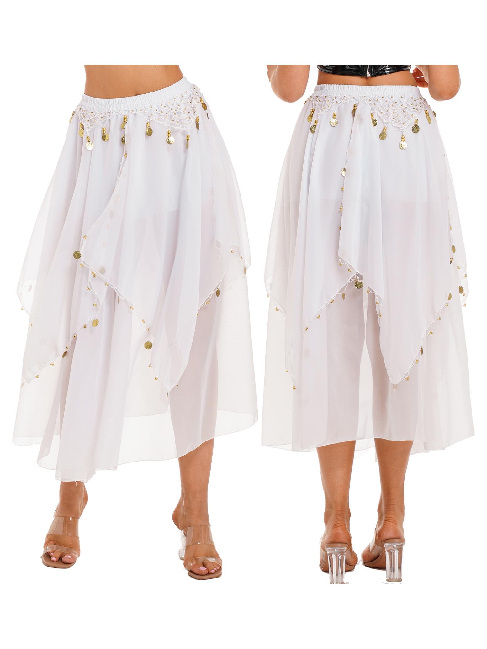 

Шифоновая юбка Индийский танец Юбка для танца фламенко Сценическая юбка Костюмы для танца живота Юбка с блестками Декор из бисера One Size белый