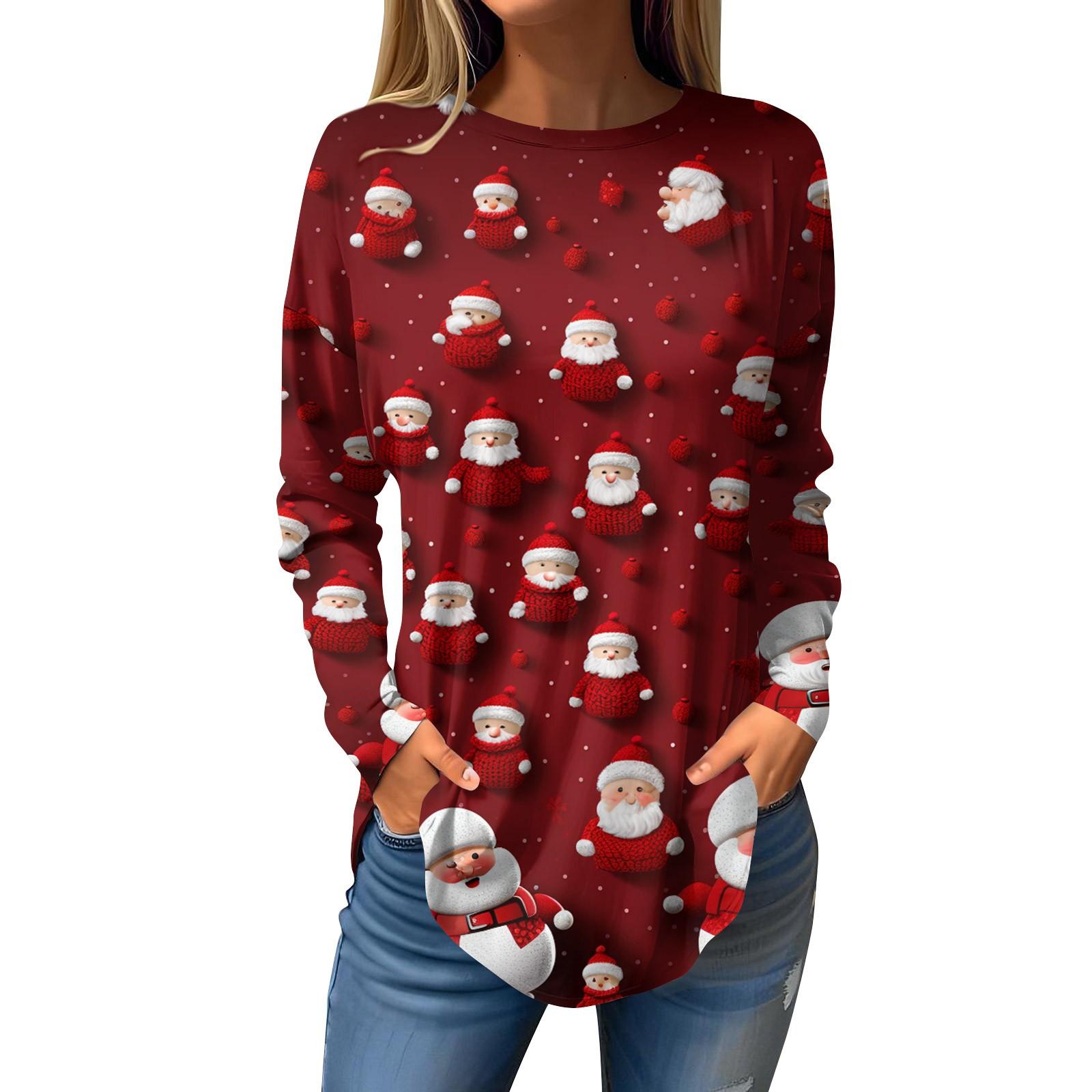 

Женская свободная футболка с круглым вырезом и рождественским принтом, длинный рукав, пуловер, толстовка с длинными рукавами XL винный