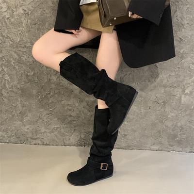 2025 Autumn and Winter New Inner Flat Boots Women's Autumn and Winter Retro Belt Buckle Matte Suede Stacked High Boots
