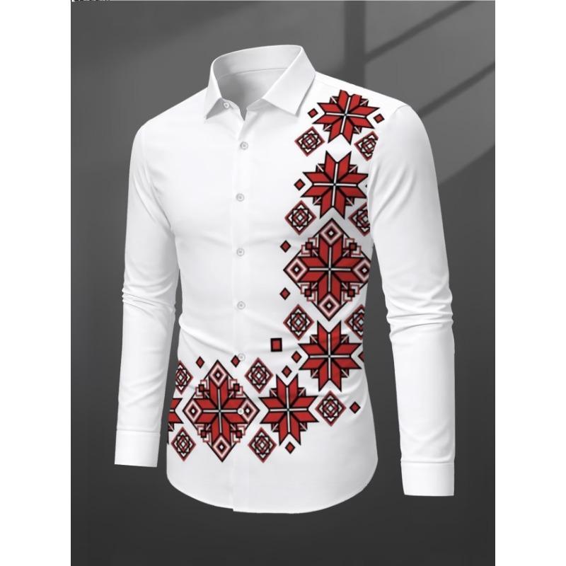 New Red Background Black Herringbone Baroque Print Men's Long Sleeved Shirt, Light Luxury Casual Formal Shirt