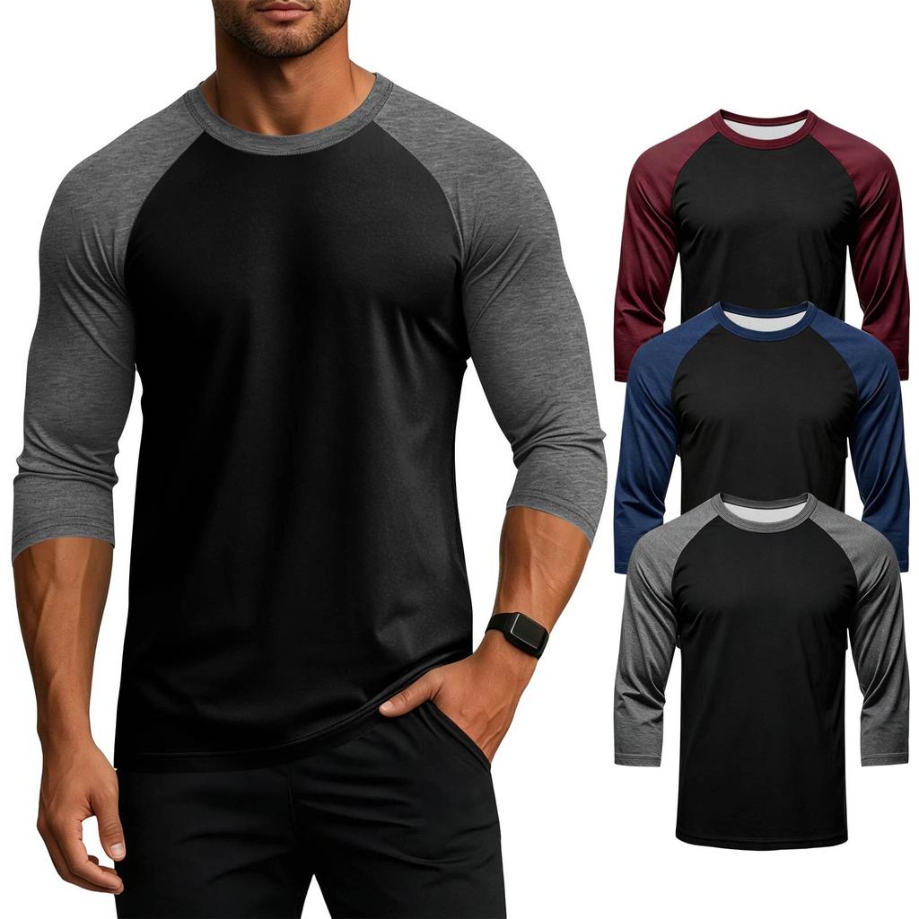 Men's Colorblock Raglan Sleeve Athletic Shirt Three Piece Set Lightweight Stretchy Sport Top for Training Running Casual Wear