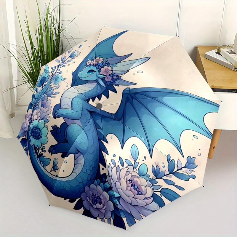 1pc Blue Dragon Amidst Blooming Flowers Automatic Opening and Closing Folding - A Good Choice for Gifts, Fashionable and Convenient Umbrella With Cute