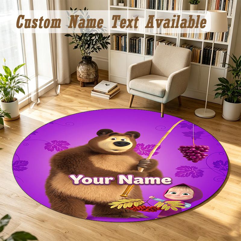 Round Rug Custom NameMasha and the Bear cartoon Pattern Non Slip Carpet Home Floor Decor