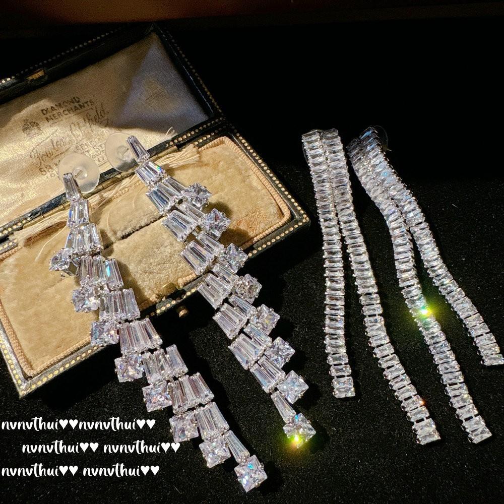 Nvnvthui Ice And Snow Frost Flower Fringed Gemstone Earrings Fujia Thousand Gold Plated 18K Gold, Sugar Cube Zircon Arc Earrings