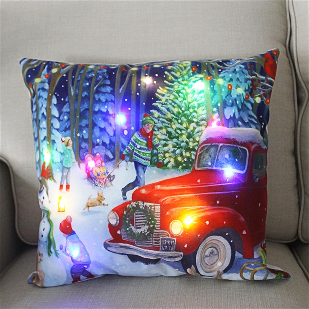 LED Light Christmas Cushion Cover Short Plush Elk Throw Pillow Case for Sofa Luminous Santa Clause Printed Pillowcase Home Decor