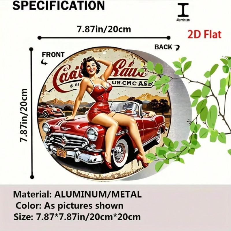 Vintage Auto Mädchen Runde Metallwandkunst 8 Zoll Retro Rotes Automobil Blechschild