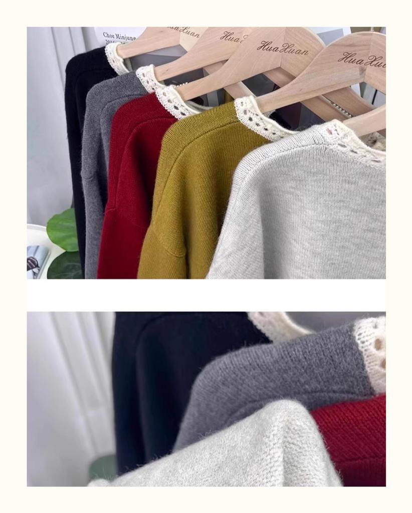 Damski sweter z koronkowym kołnierzykiem i kolorowym blokiem kolorów, odmładzający – jesień i zima, gruby, luźny krój, kolekcja 2025