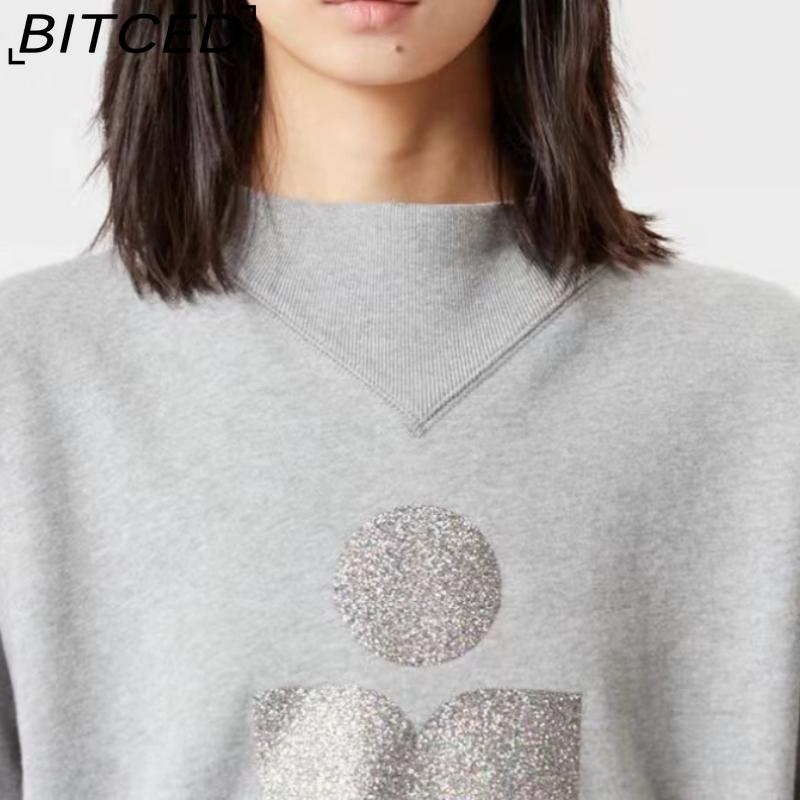 BITCED Damen Herbst/Winter Glitzer-Print Halbhoher Kragen Baumwolle Stehkragen Sweatshirt