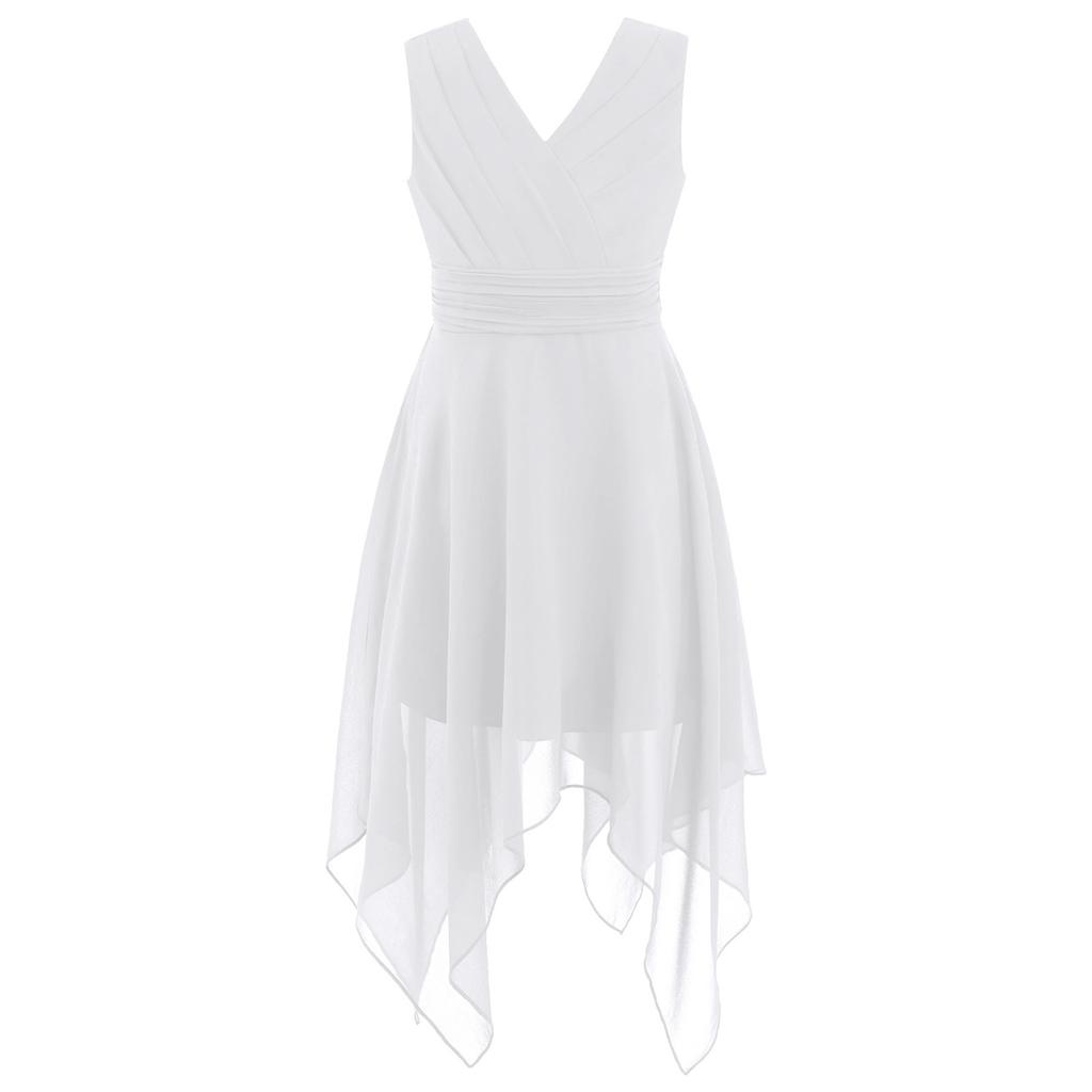 Fließendes einfarbiges Chiffonkleid für Mädchen V-Ausschnitt Ärmellos Asymmetrischer Saum Plissierte Taille Partyauftrittskleid