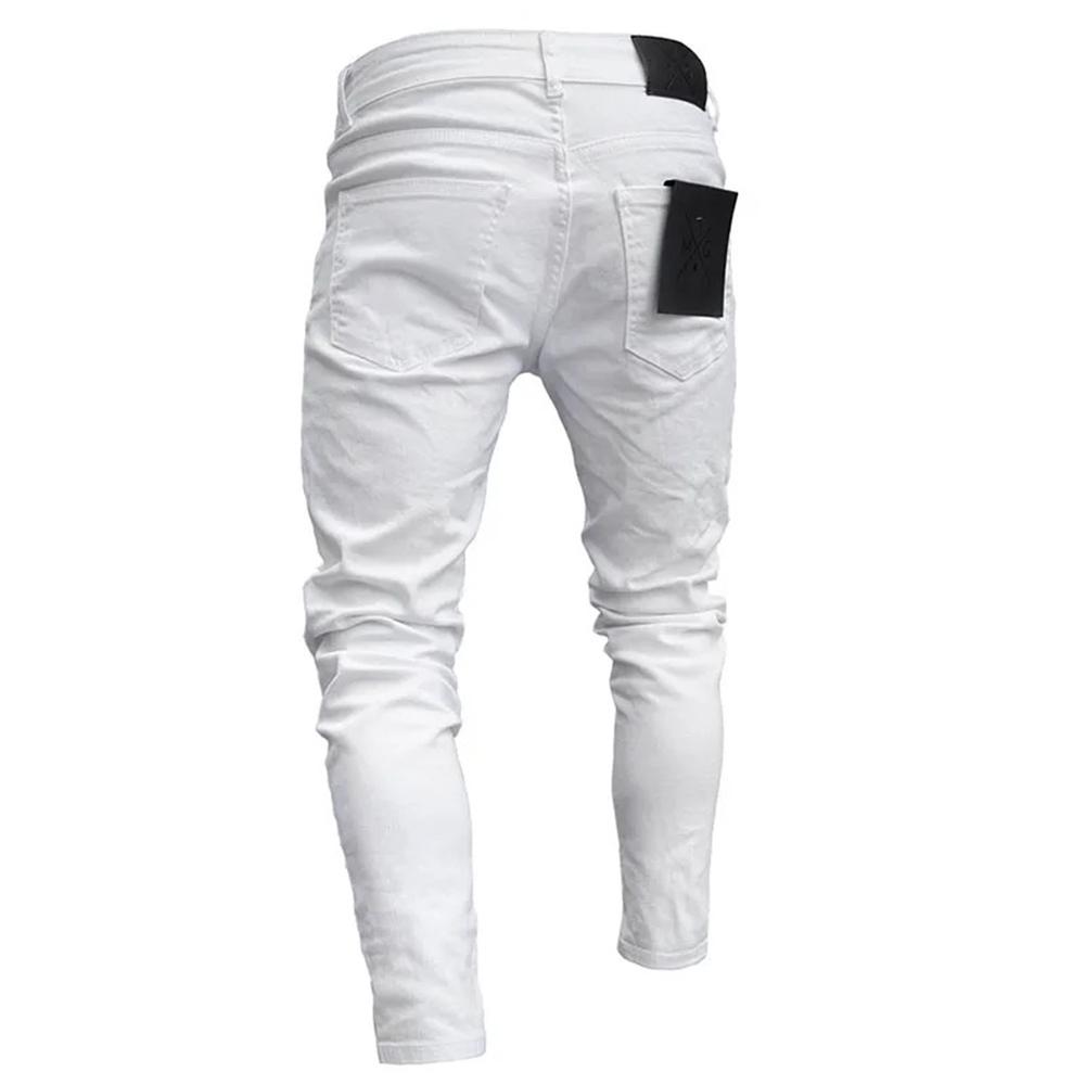 White Embroidery Skinny Ripped Jeans Men Cotton Stretchy Hole Slim Fit Hip Hop Denim Pants Casual Jeans for Men Jogging Trousers