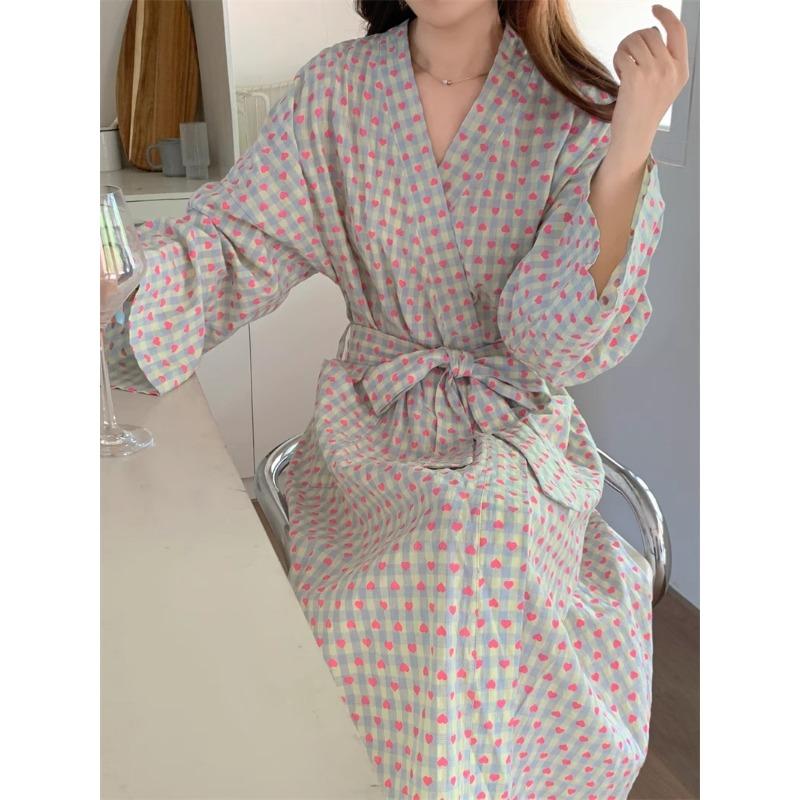Bathrobe Women's Bathing Plaid Loose Long Sleeve Long Kimono V-neck Lace Up Trousers Nightgown Sexy Robe