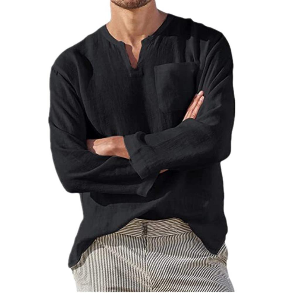 Men's Long-Sleeved V-Neck Casual Beach Linen Shirt