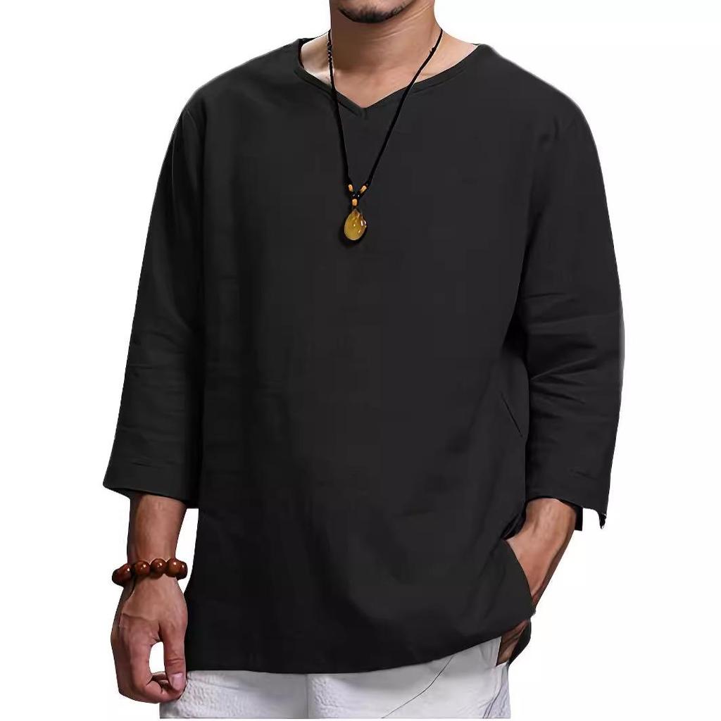 Men's Spring 2026 V-Neck Long Sleeve Linen-Cotton Casual Shirt