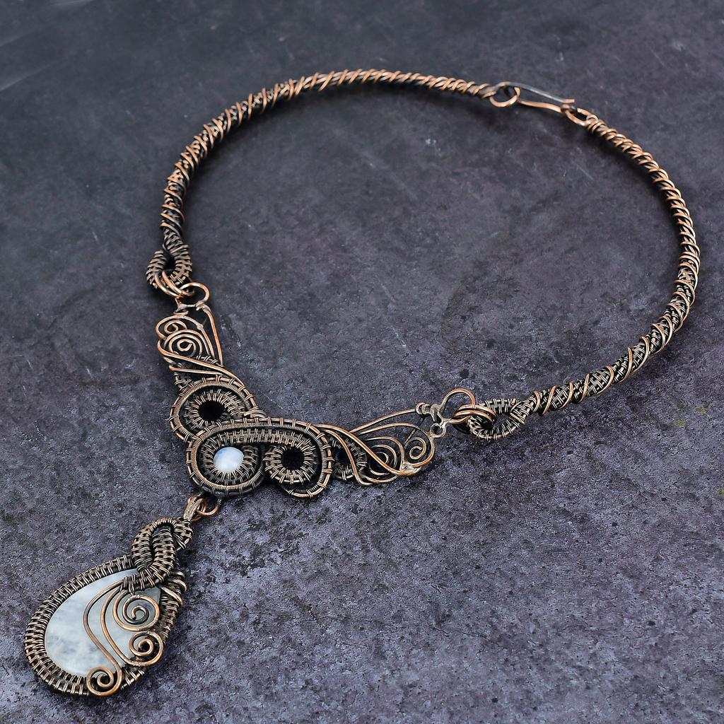 Natural Moonstone, Larimar Gemstone Copper Wire Wrap Jewelry Necklace 18" F6w98