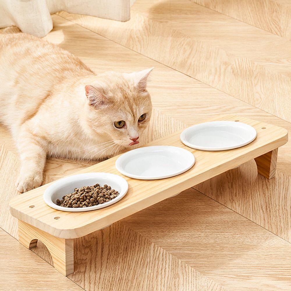 Detachable Ceramic Cats Bowl with Wood Stand Tilted Cat Dish Sturdy Dog Food Container  Indoor
