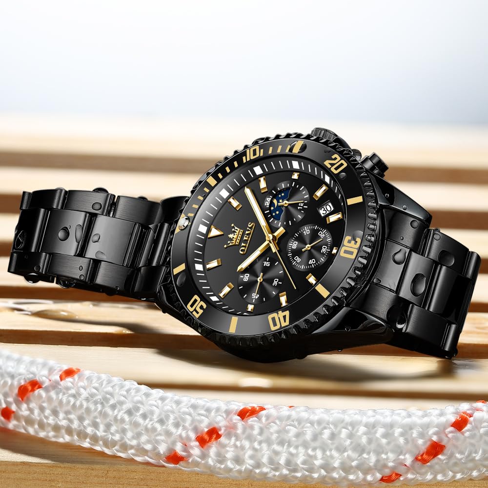 OLEVS Men's Watch Stylish Black Popular Waterproof Quartz Analog Chronograph Stainless Steel Metal Band Simple Easy-to-Read Business Casual Fashion