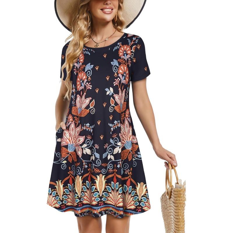 JKASHDK Abiti casual con stampa a fiori, a maniche corte, con scollo a V e vita larga, alla moda estiva da donna