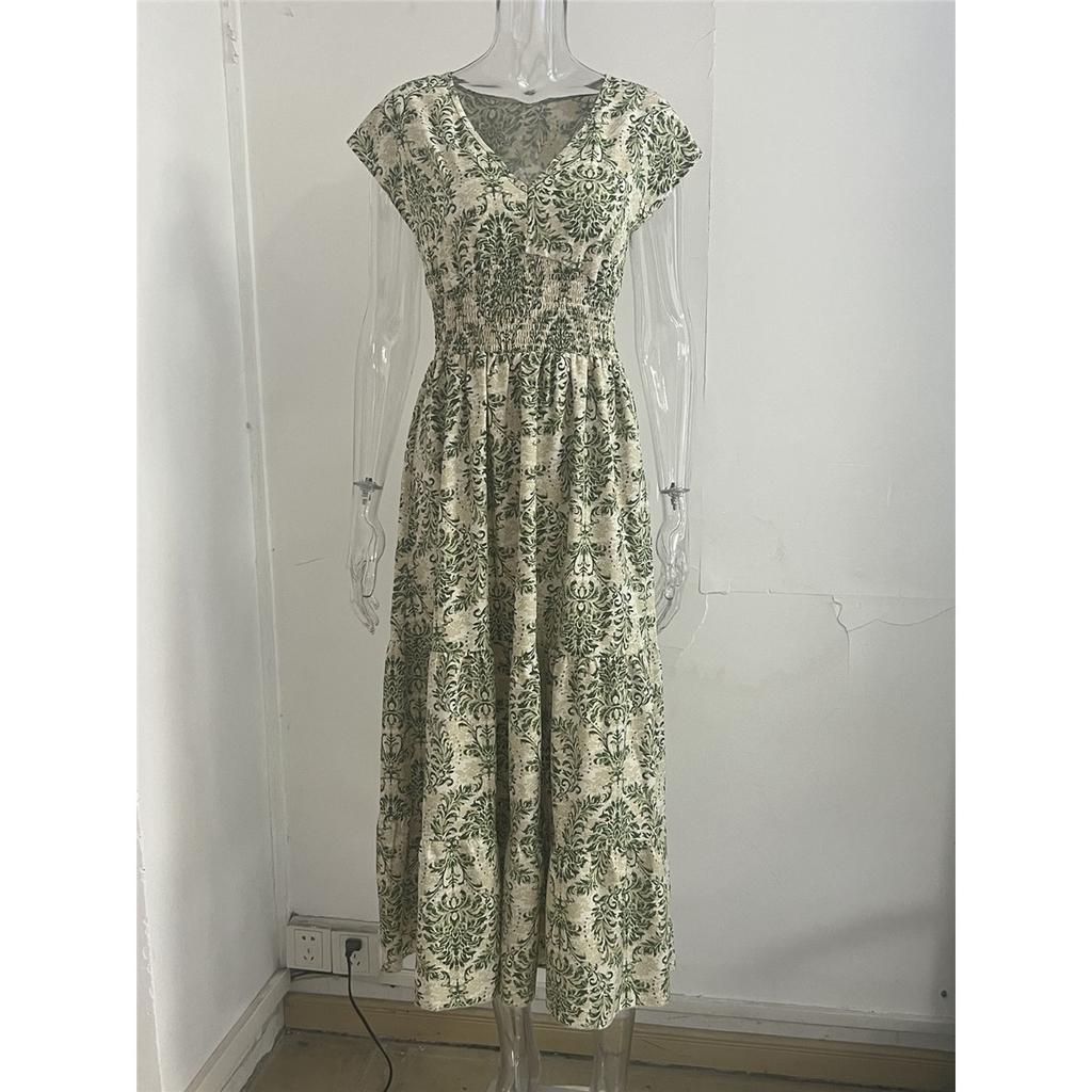 Women's short-sleeved V-neck retro printed dress Fashion elegant long dress