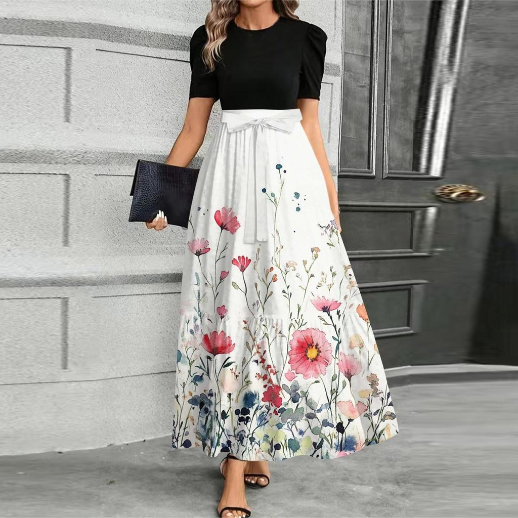 Damen Modisches Lässiges Gürtel Kurzärmeliges Rundhals Print Elegantes Temperament Kleid