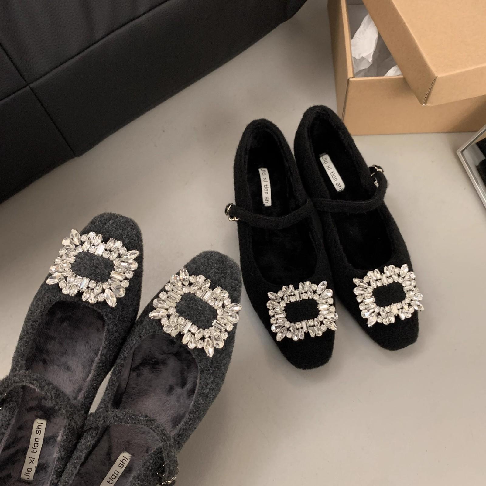 

Thick heel high heel black square head rhinestone single shoes women s shoes 2024 new autumn and winter plush Mary Jane Mao shoes 35 темно-серого