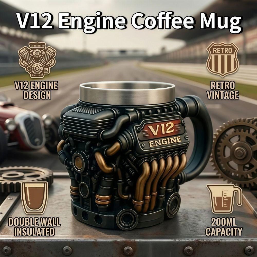 Taza de acero inoxidable con asa para motor V12, estilo retro, con aislamiento, ideal como regalo para hombres y niños.