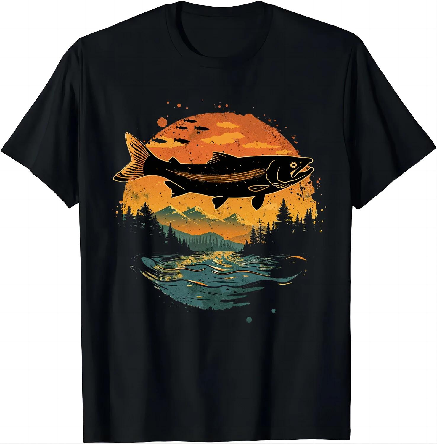 BenberFashion Outdoor-ge&iuml;nspireerd Forel T-shirt - Vissen in de Zonsondergang T-shirt Grafische T-shirts Mannen Kleding Tops Camisas Streetwear Ropa Hombre XL