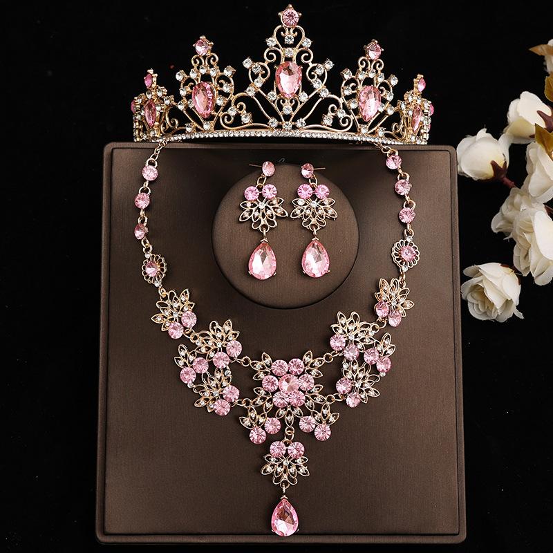 Pink Bridal Crown Three Piece Suit Wedding Crown Tiara Necklace Earrings Korean Super Fairy Wedding Dress Accessories