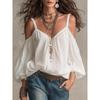 Camicia Casual da Donna a Maniche Lunghe a Bolla, Scollo a V, Colore Unito, per Vacanze