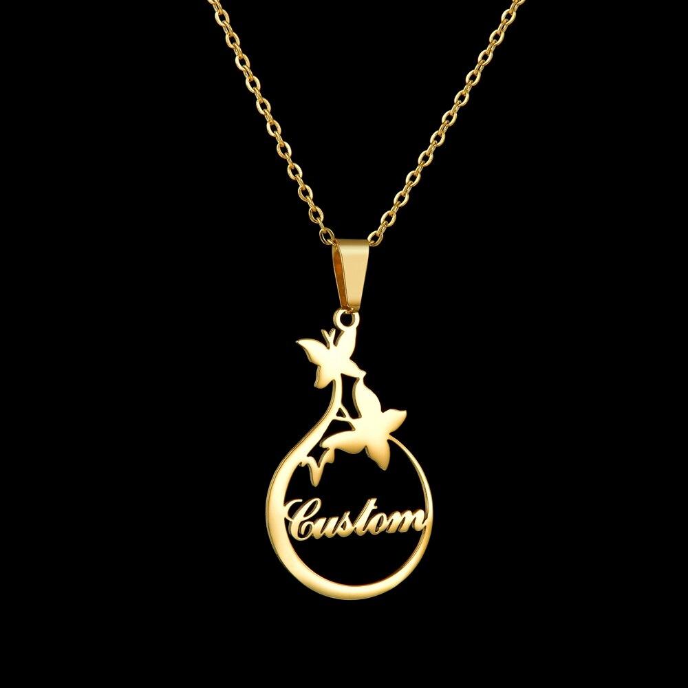 Atoztide Customized Stylish Fashionable Stainless Steel Name Pendant Necklace Personalized Letter Gold Tone Butterfly Necklaces Pendant Name Souvenir
