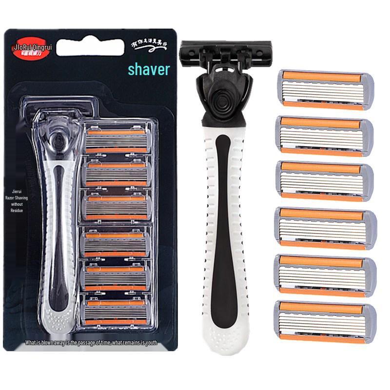6-Layer Stainless Steel Men's Manual Shaving Razor Set with Handle and 6 Blades.