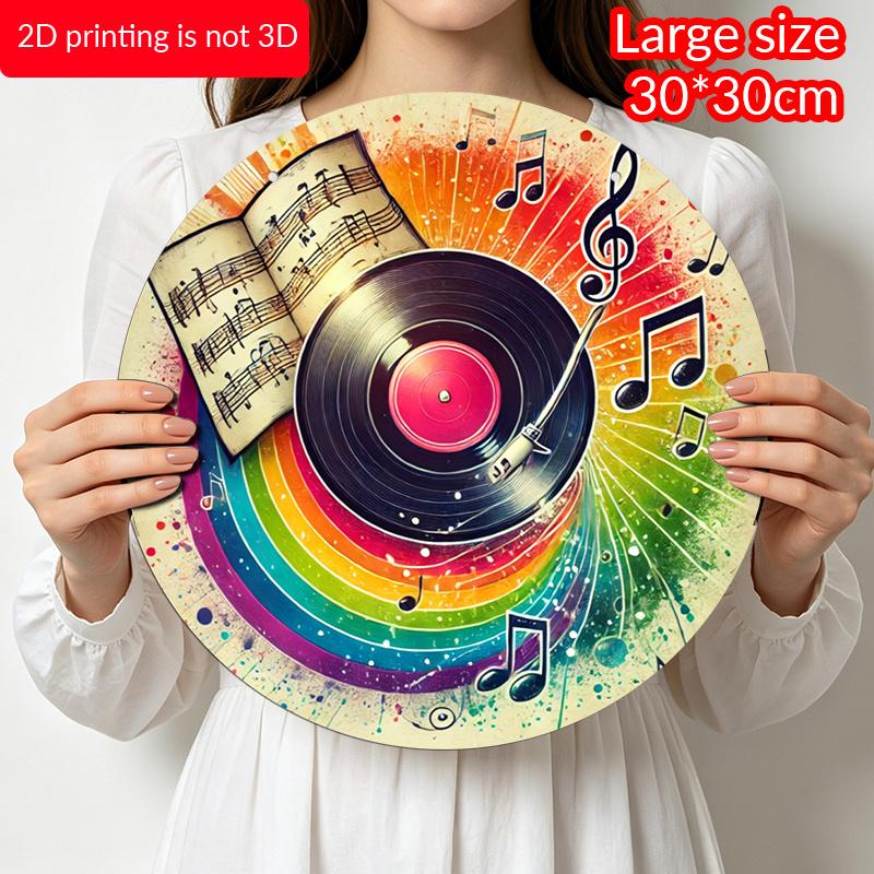 2D Flat - 1pc Vintage Round "Music Film" Metal Sign - Aluminum Wall Art with Vinyl Record & Musical Notes Design, Colorful Retro Decor for Garage
