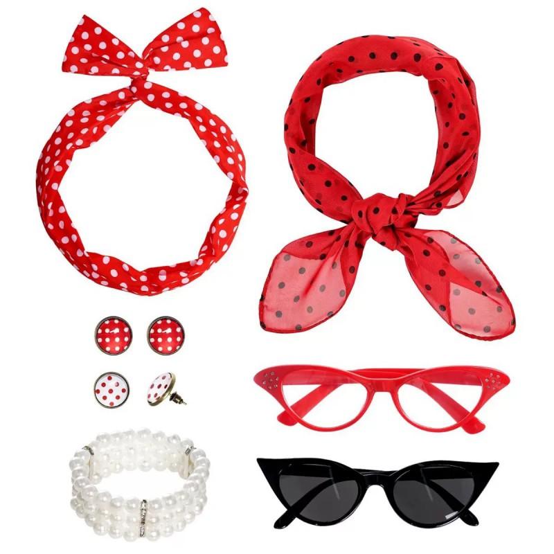 Festival Party Cosplay Set 1950s Retro Polka Dot Earrings Headband Glasses Costume