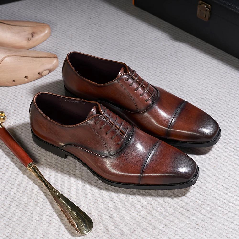 Fashion Men's Classic Lace-Up Oxfords Genuine Leather Luxury Office Shoes Solid Cap Toe Wedding Party Formal Dress Footwear for Men